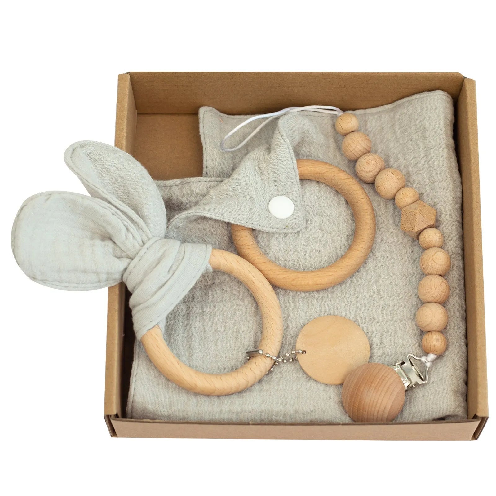 Baby teething toy gift set with bamboo cotton blanket and natural beech wood components