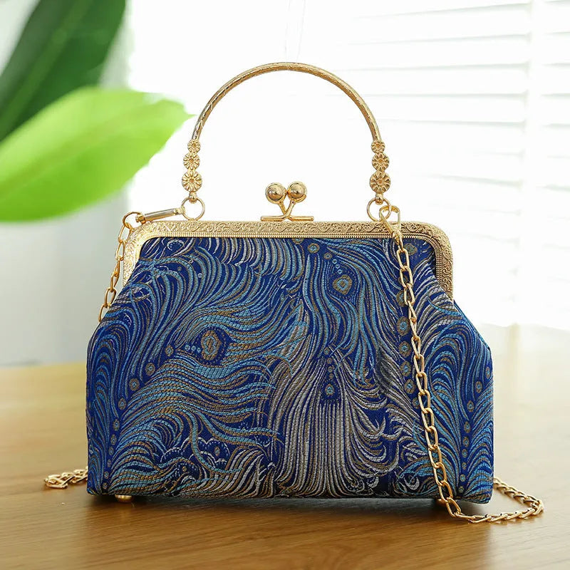 Chinese embroidery cheongsam handbag in polyester with shell shape and internal zipper compartment