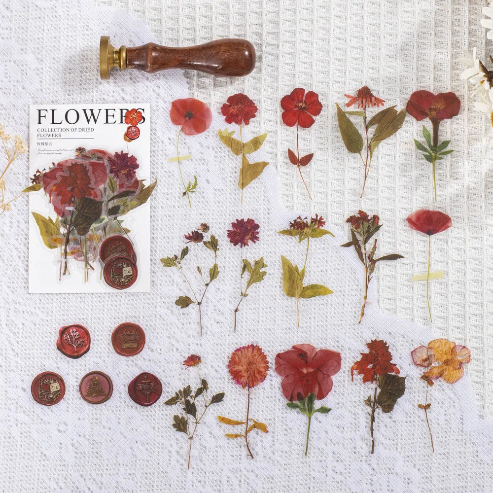 Set of dried flowers artistic stickers for journal decoration showing eight colour designs on 70mm PET sheets