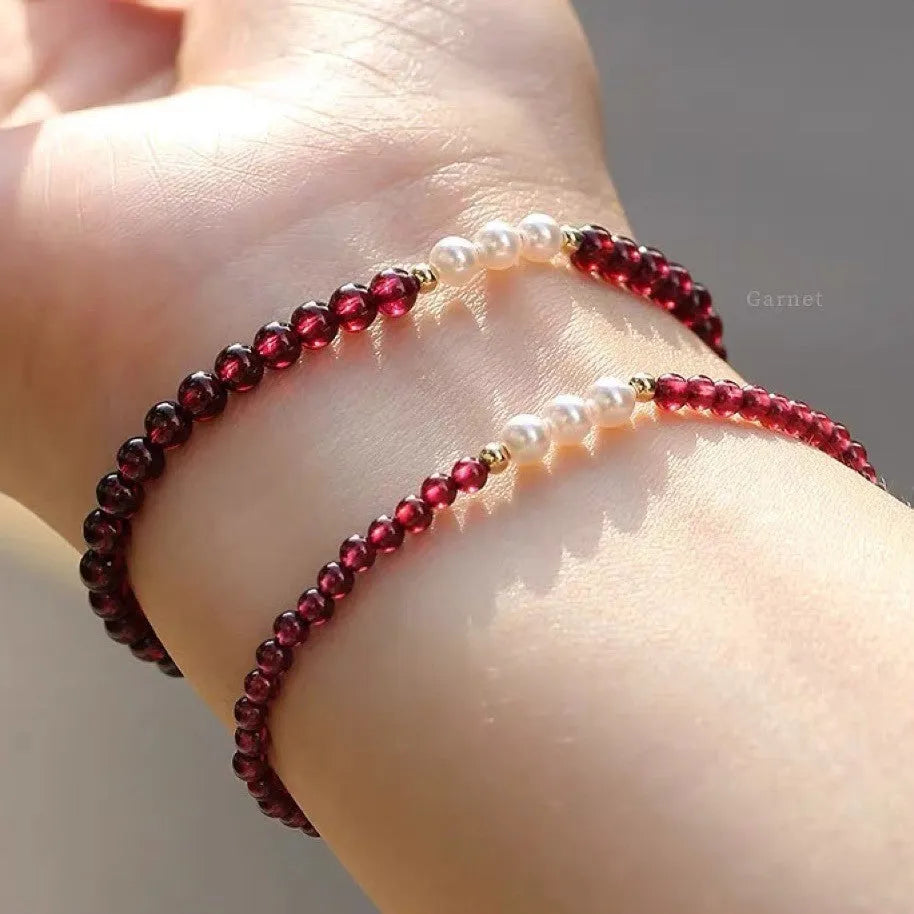 Women's garnet crystal bracelet with artificial pearls in 3mm or 4mm bead sizes