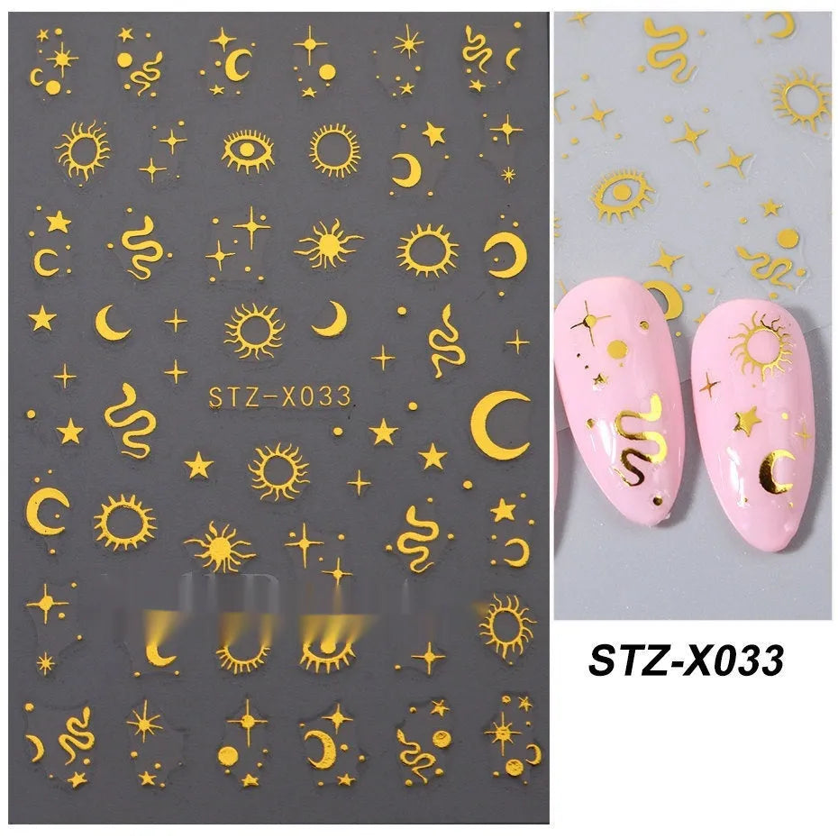 Black and silver stripe nail art sticker with a love pattern design on a plastic sheet.