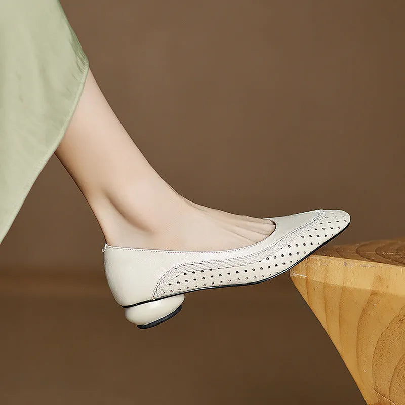 Women's hollow-out mid heel sandals in goat leather with beef tendon sole