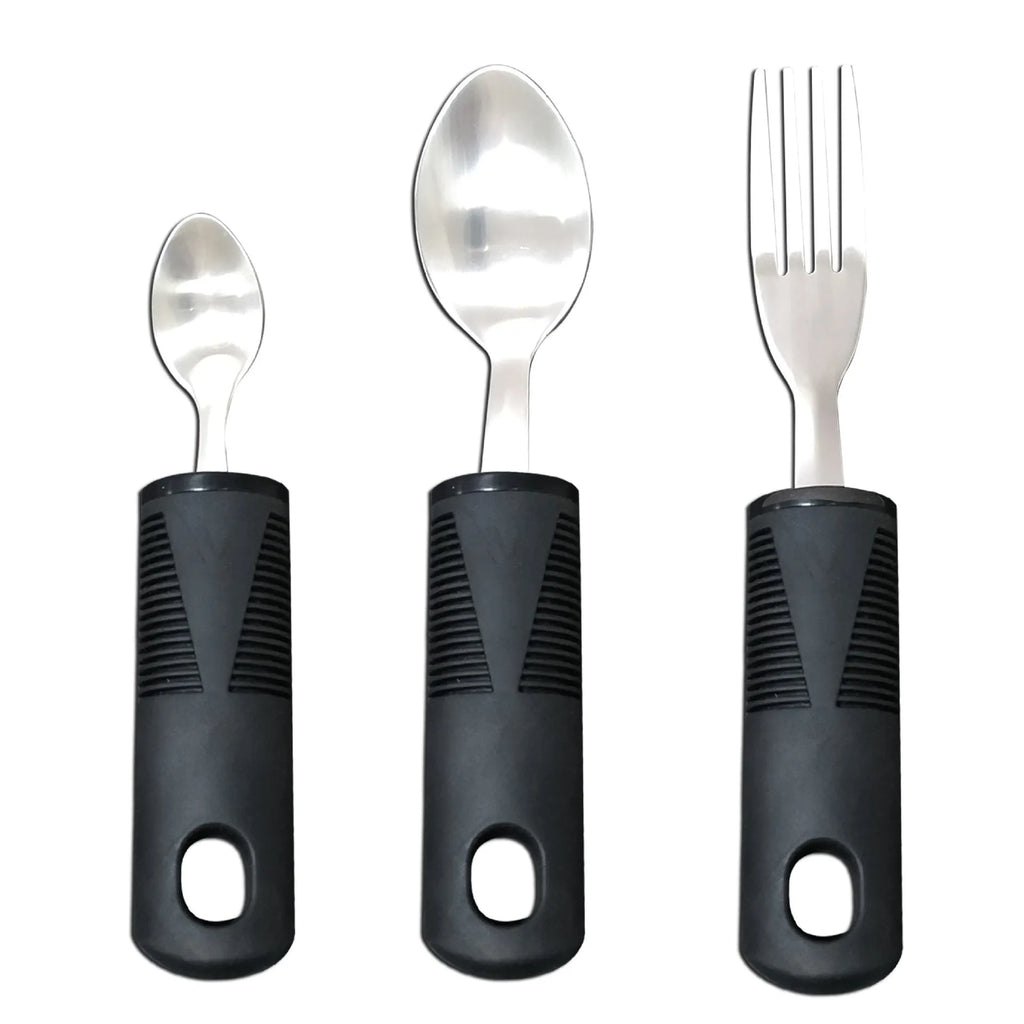 Stainless steel adaptive cutlery set with rubber handles for elderly or disabled users