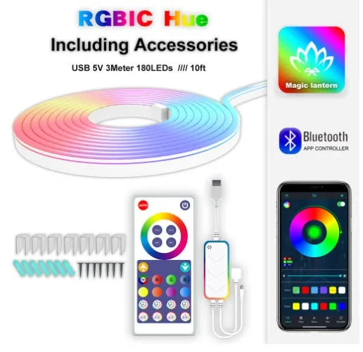 3-metre long USB RGB neon light strip with remote control on a white background