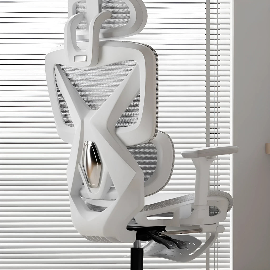 Ergonomic gaming chair with black frame, mesh seat, 4D adjustable armrests, and footrest on a neutral background