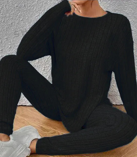 Black and blue sunken stripe pattern two-piece polyester homewear set for casual exercise.