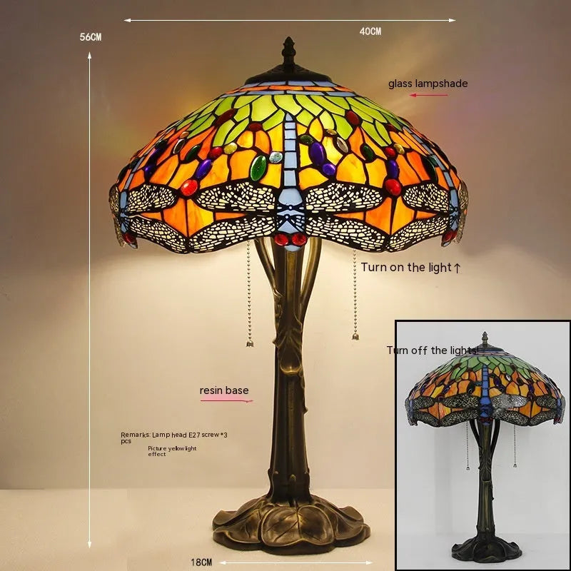 Tiffany style dragonfly stone table lamp in retro European design with coloured dragonfly motifs