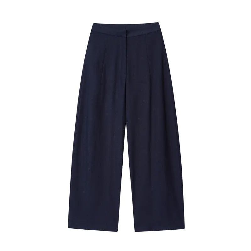 Women's linen shirt top with flounced sleeves and wide-leg trousers set in polyester blend fabric