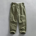 Men's straight-leg cotton trousers in army green, apricot and brown colours with mid-waist fit
