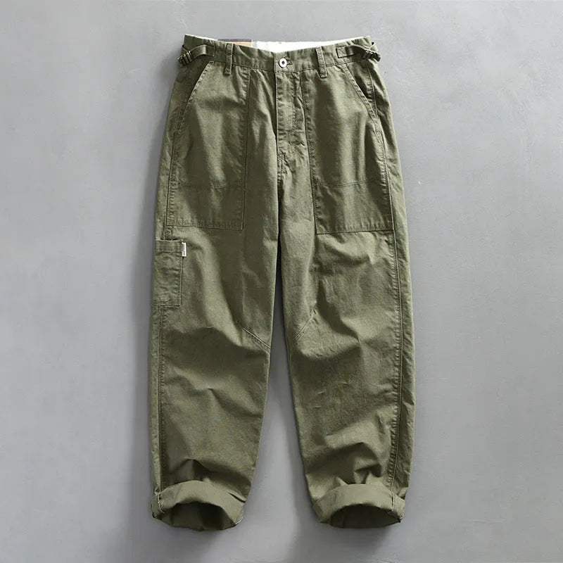 Men's straight-leg cotton trousers in army green, apricot and brown colours with mid-waist fit