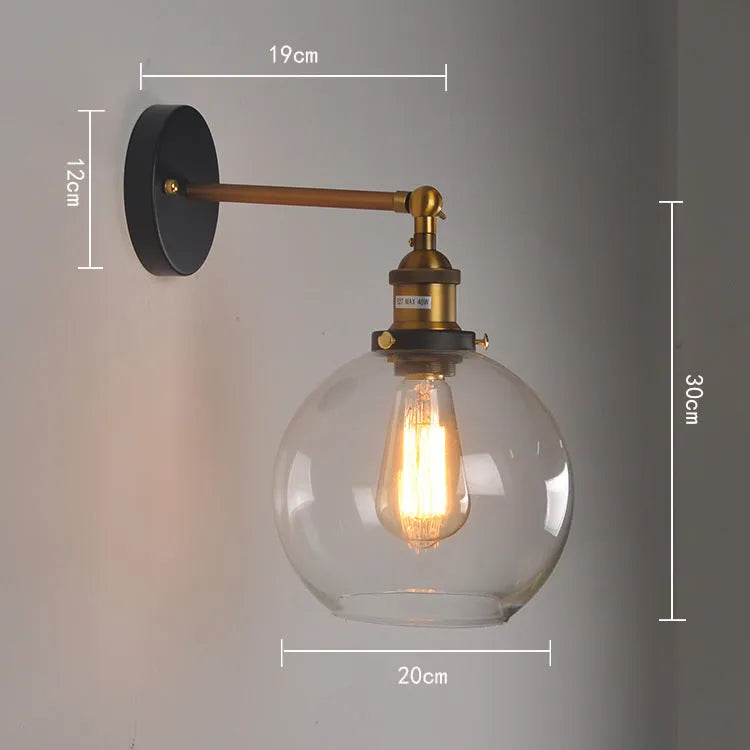 20cm round ball glass wall lamp with aluminium E27 lamp holder in amber, smoky gray or transparent