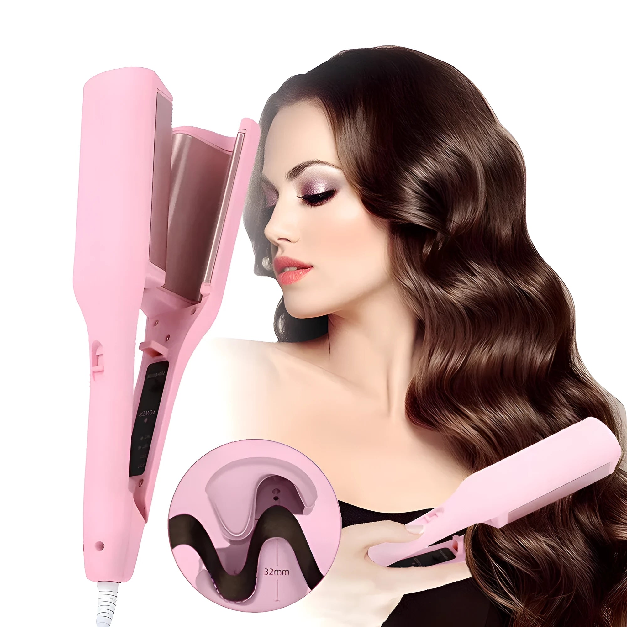 32mm deep wave hair curling iron in pink with 4 temperature settings and negative ion technology