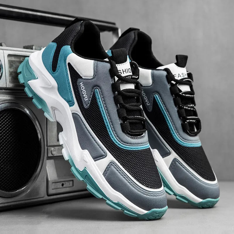 Men's breathable mesh running shoes with injection moulded sole, front lace-up, black and blue colour, size 39-44