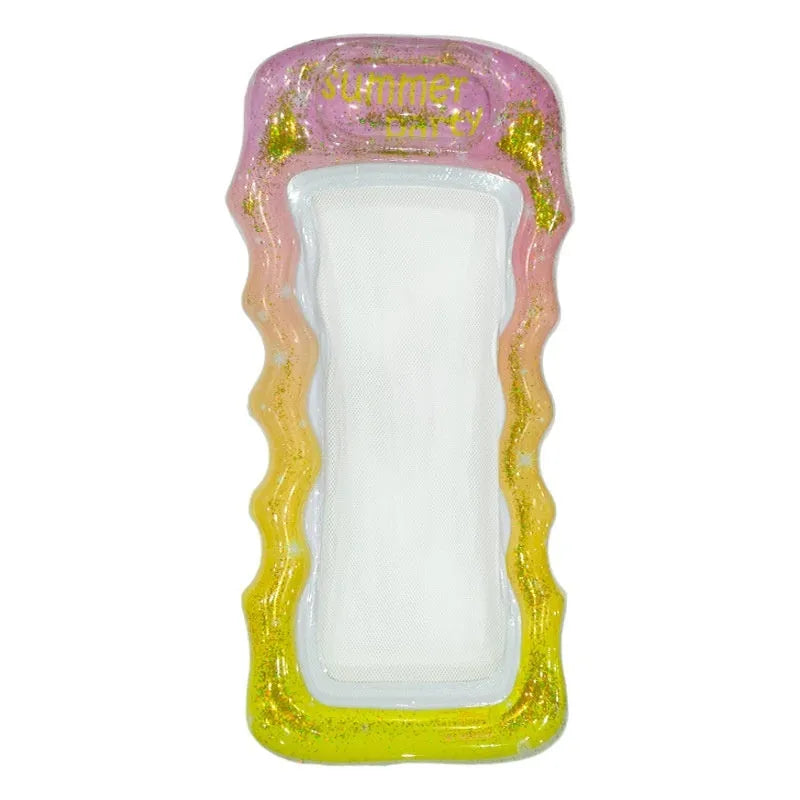 Inflatable floating row in sequined gradient colours on water, with canopy and mesh deck chair