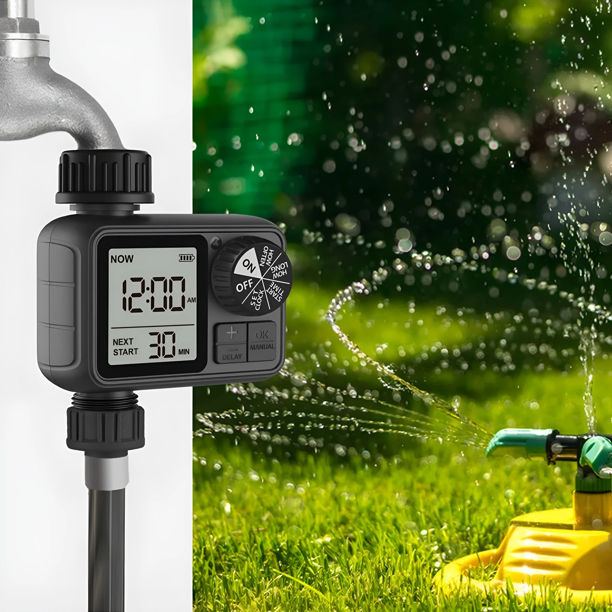 Single-out knob timing irrigator automatic watering device dual output black ABS plastic for garden irrigation
