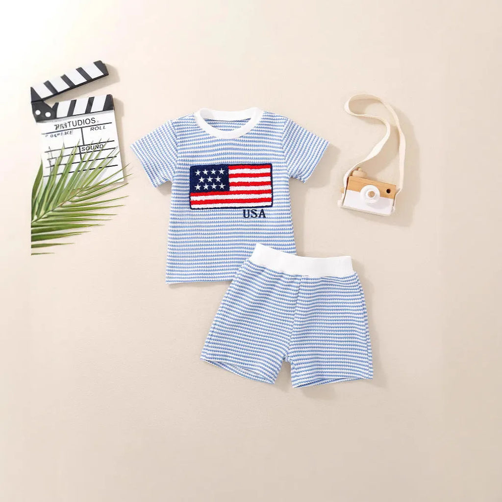 Cotton embroidered waffle short sleeve top and waffle shorts baby set in blue colour, pullover style