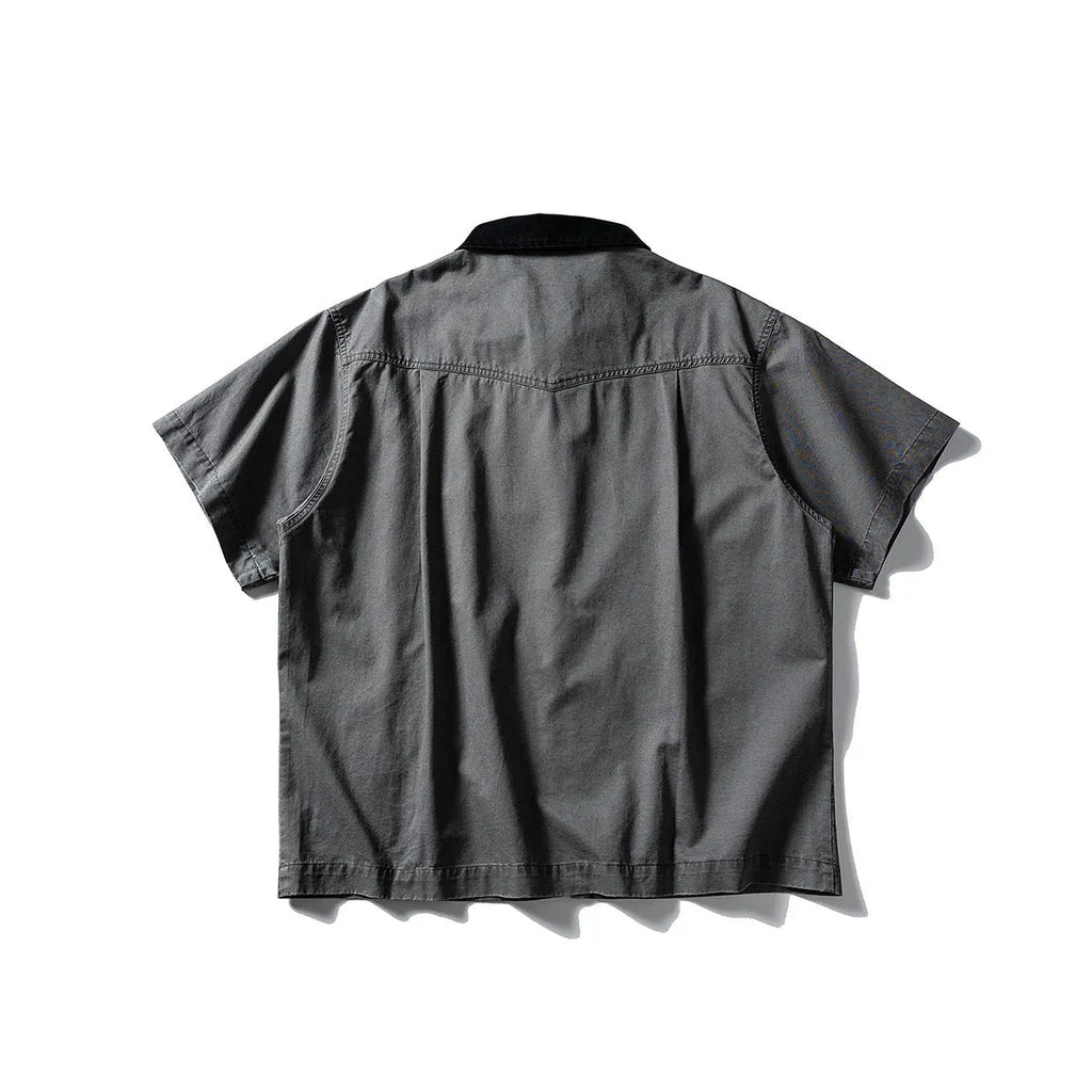Washed cotton overalls shirt with short sleeves in khaki colour, loose fit for teenage casual wear