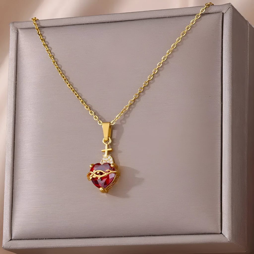 Stainless steel heart-shaped cross zircon necklace red pendant unisex 18K gold colour finish with adjustable chain