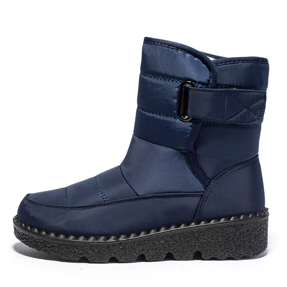 Women's winter snow boots in black, waterproof cloth upper, thick sole, Velcro fastening