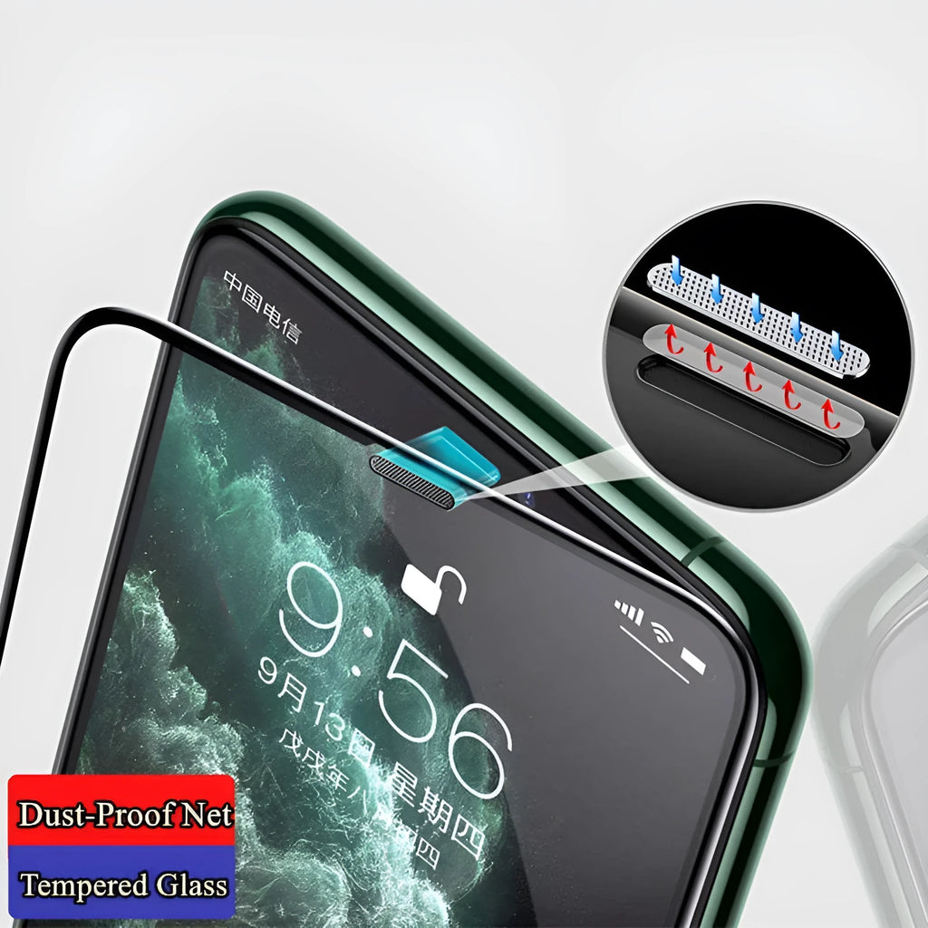 Full-cover tempered glass screen protector with dustproof net for iPhone, anti-peeping variant