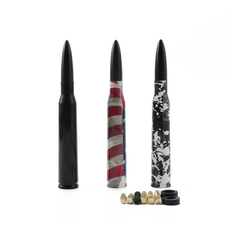 Bullet-style car antenna in camouflage green, black, or American flag design, showing 14cm length.
