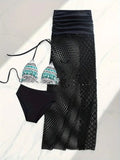 Women's brown gradient bikini and fishnet long skirt three-piece swimwear set laid flat.