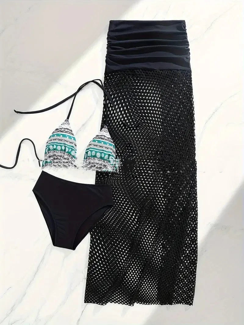 Women's brown gradient bikini and fishnet long skirt three-piece swimwear set laid flat.