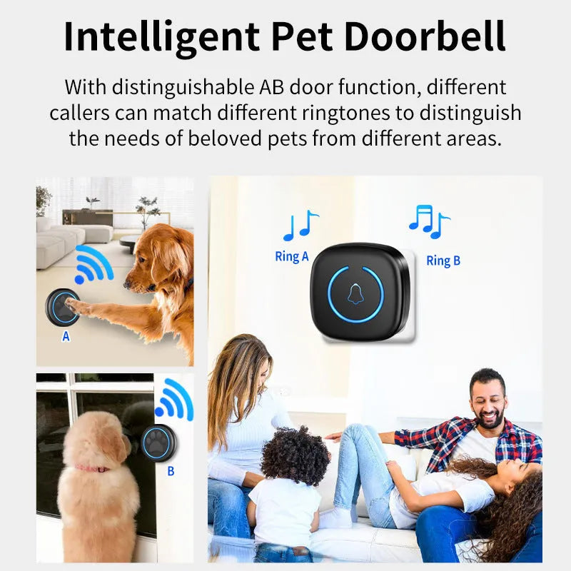 Black and white wireless dog door touch bell with IP55 waterproof rating for outdoor pet training.