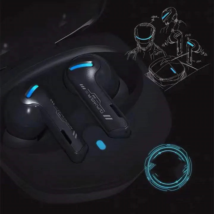 Grey QCY-G1 wireless Bluetooth gaming headset with charging case and ear tips