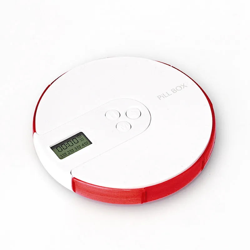Seven-compartment alarm clock pill dispenser in blue, showing timer display and storage lids.