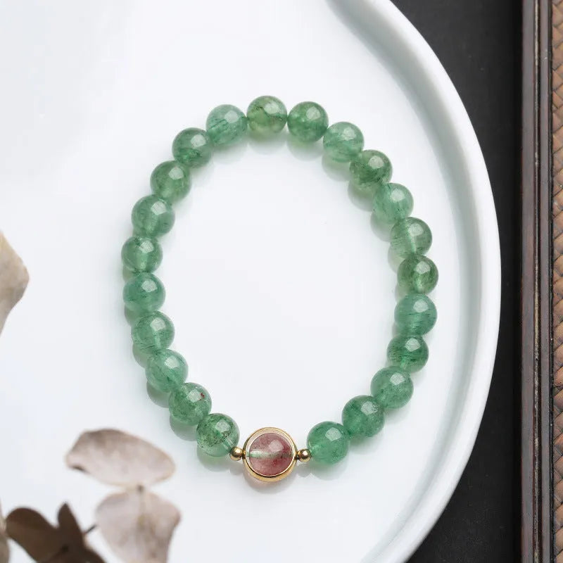 Women's green strawberry quartz 7.5mm bead bracelet with hand-woven Chinese style auspicious patterns