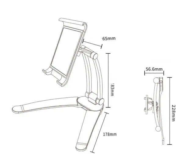 Silver aluminium alloy desktop tablet stand with adjustable holder and white mounting base on a wooden table.