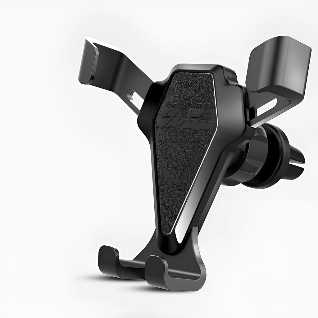 Universal smartphone car air vent mount in Elegant Black with silicone steel core and alloy structure, clipped to a vehicle air vent
