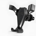 Universal smartphone car air vent mount in Elegant Black with silicone steel core and alloy structure, clipped to a vehicle air vent