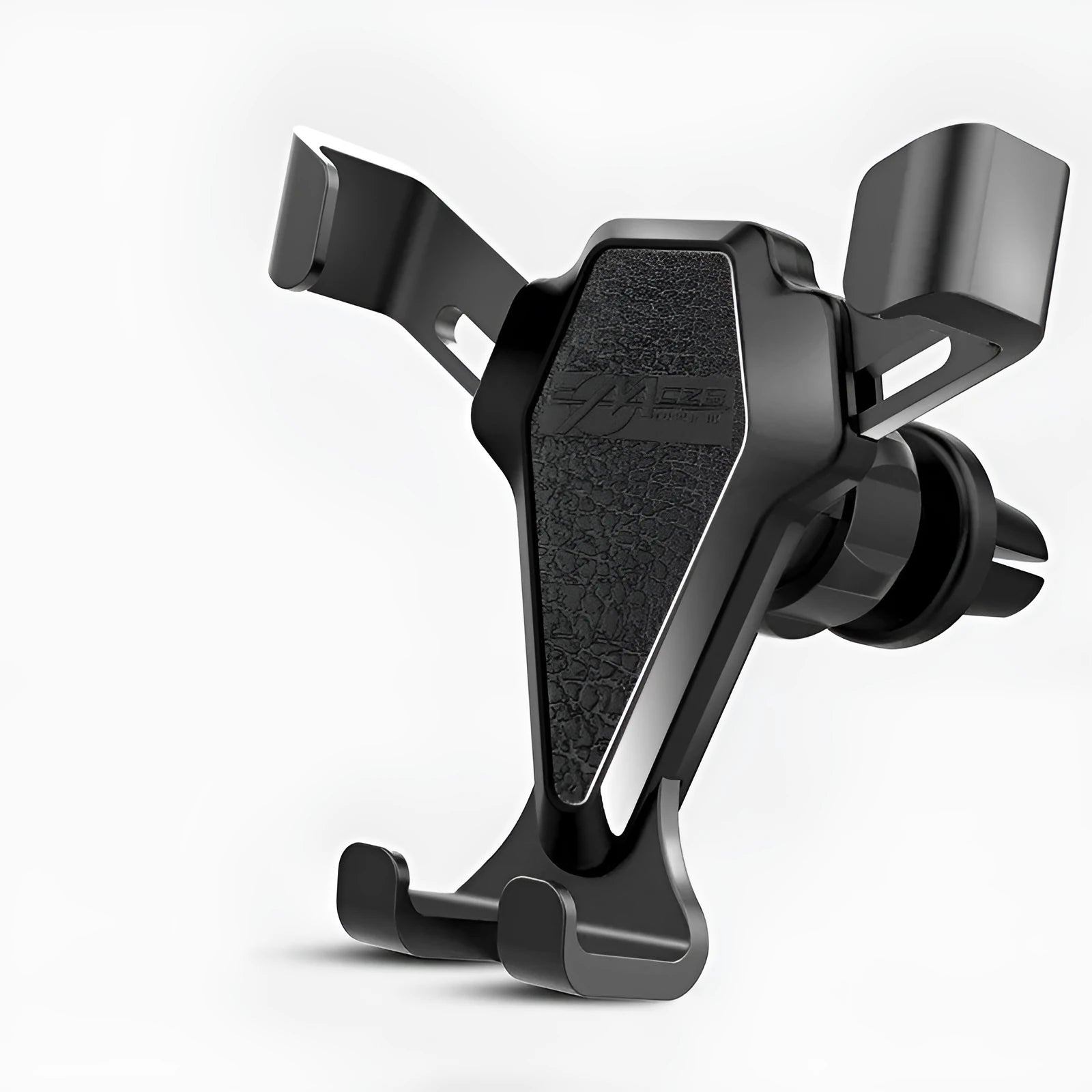 Universal smartphone car air vent mount in Elegant Black with silicone steel core and alloy structure, clipped to a vehicle air vent