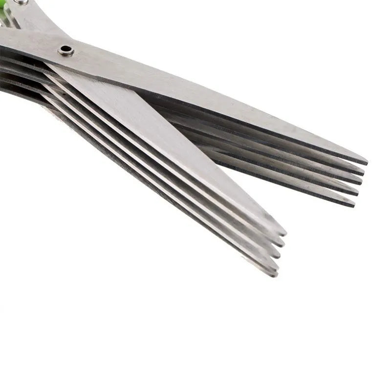 Green stainless steel multi-blade herb scissors with V-shaped design for cutting nori and green onions.