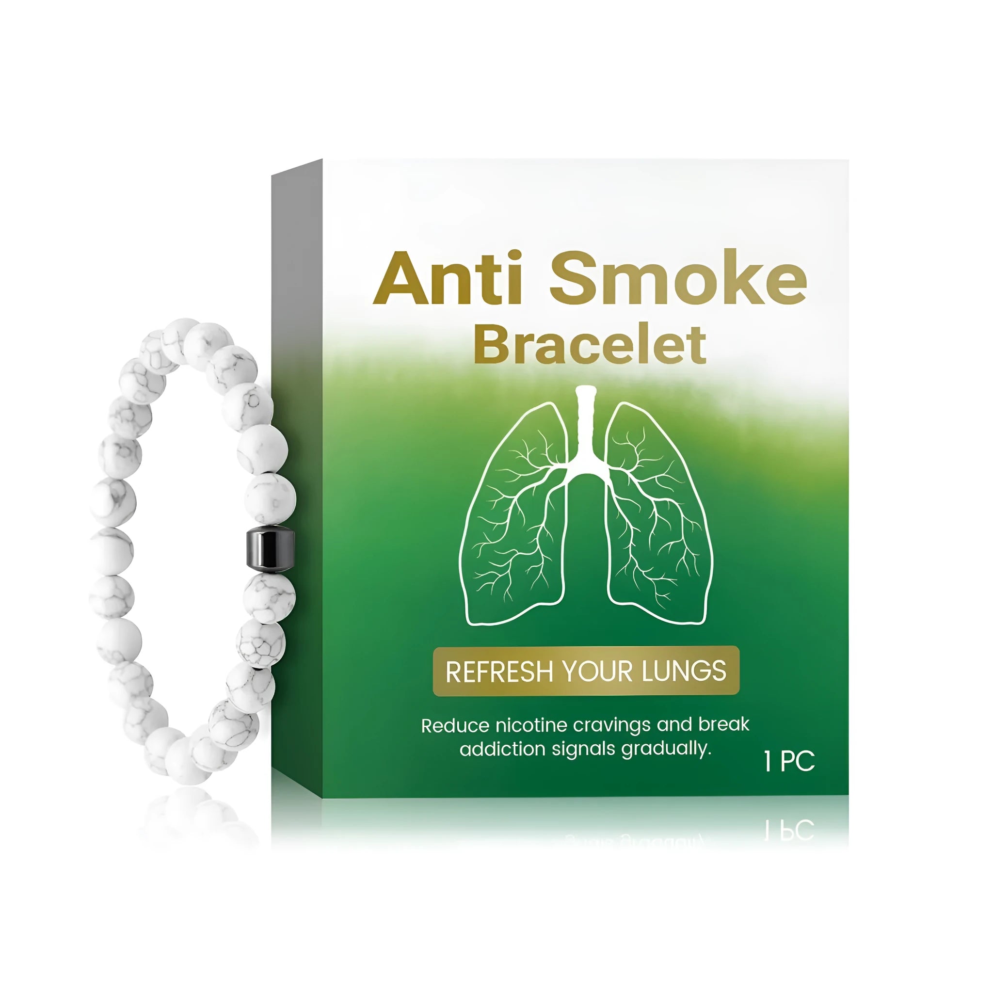 Close-up of a women's synthetic turquoise smoke prevention bracelet with a visible clasp.