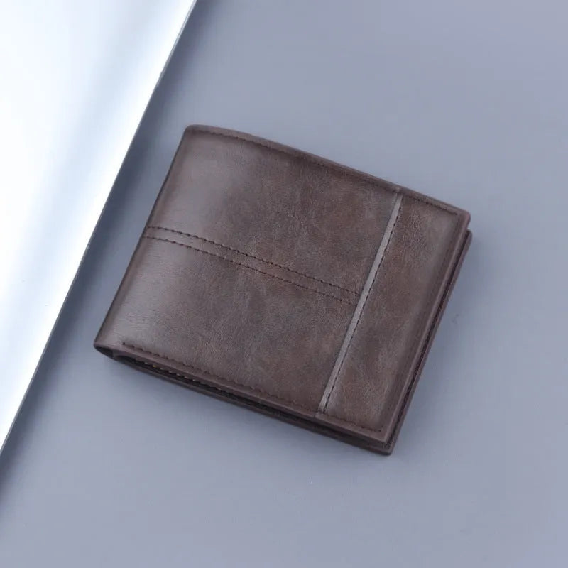 New men's short clip multifunctional coin purse in solid colour PU leather with stitched detailing, black colour option