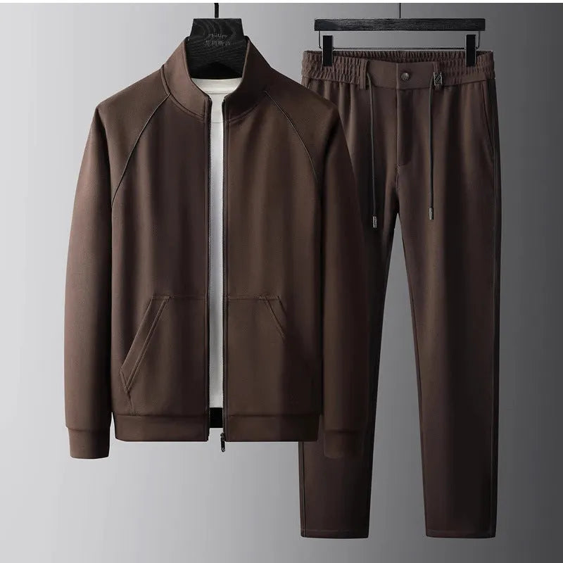 Men's slim fit stand collar casual sports suit two-piece set in black.