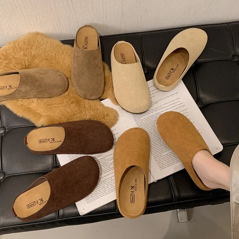 Korean style flat slip-on slippers in apricot colour with microfiber upper and PU sole.