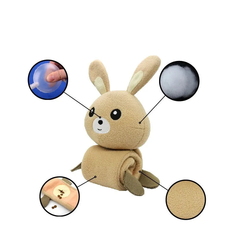 Poached bunny coloured plush dog toy with food compartments measuring 650mm long