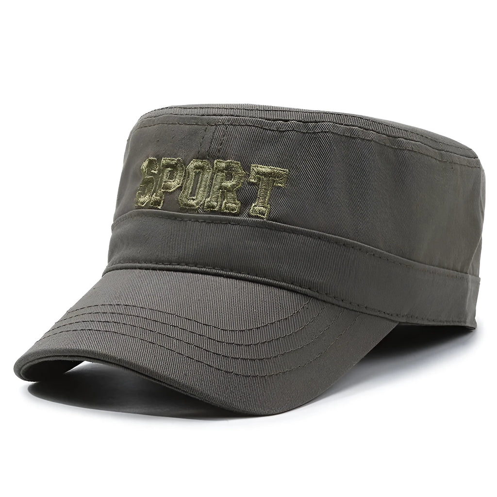 Men's flat-top peaked cap in cotton, shown in army green colour with an adjustable strap.
