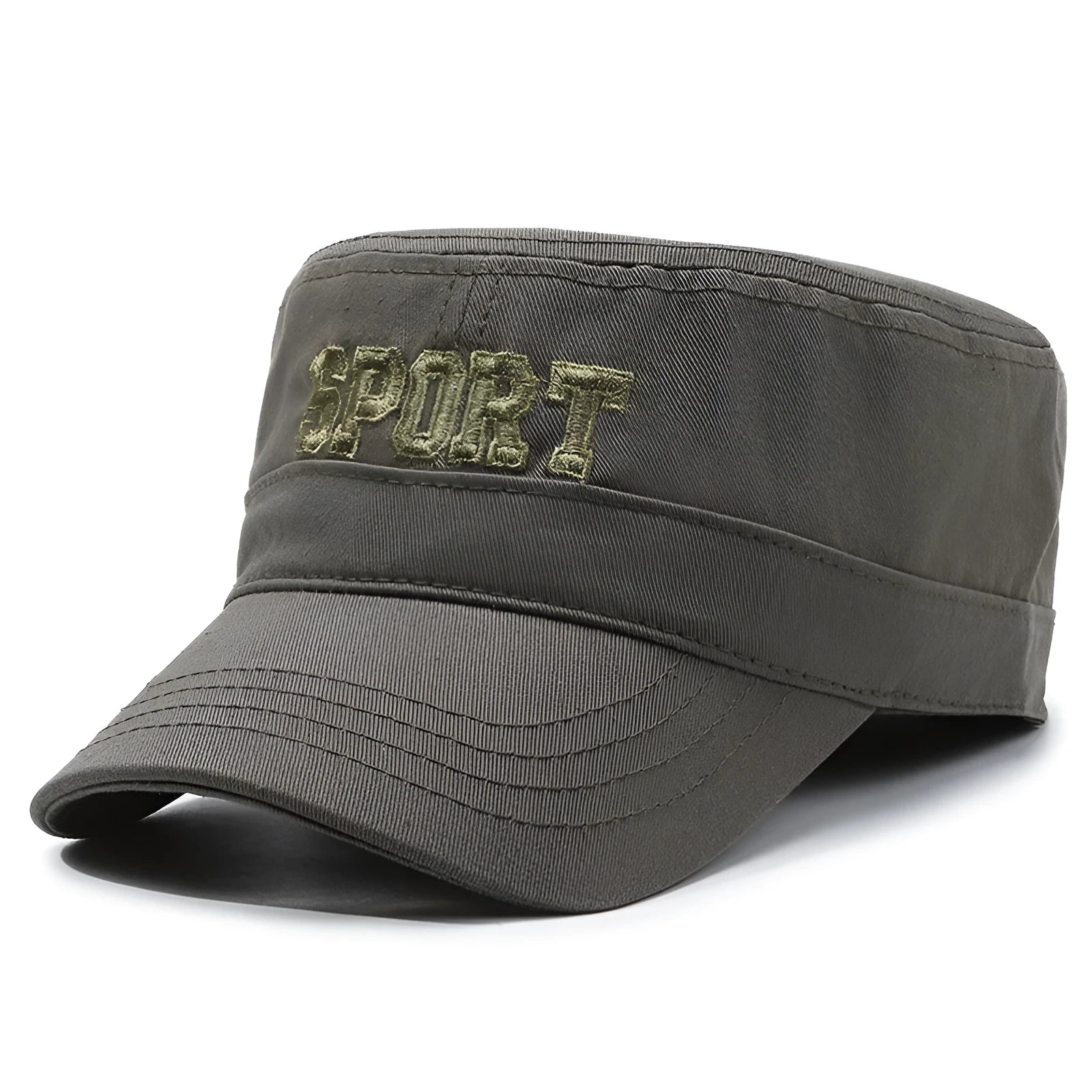 Men's flat-top peaked cap in cotton, shown in army green colour with an adjustable strap.
