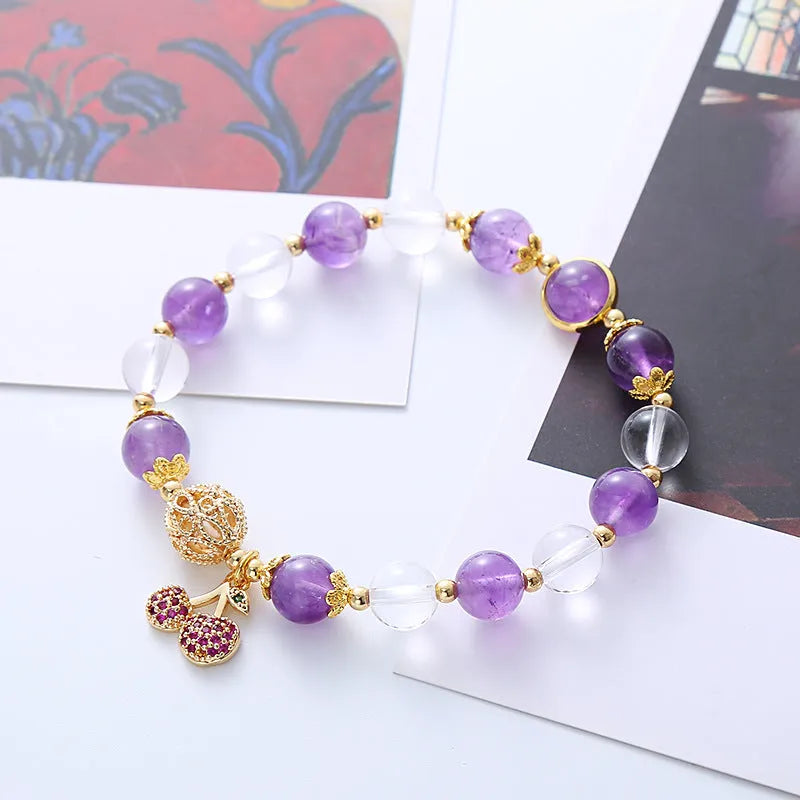 Purple crystal bracelet with micro-inlaid cherry blossom floral pattern, handcrafted women's jewellery