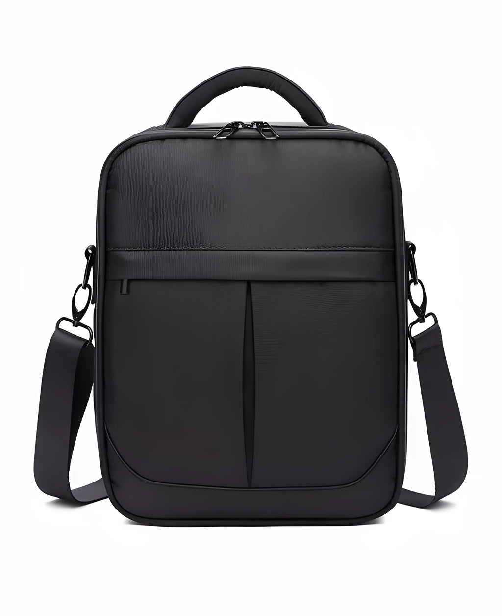 Black oxford fabric mens messenger bag with adjustable shoulder strap showing 24x11x31cm dimensions