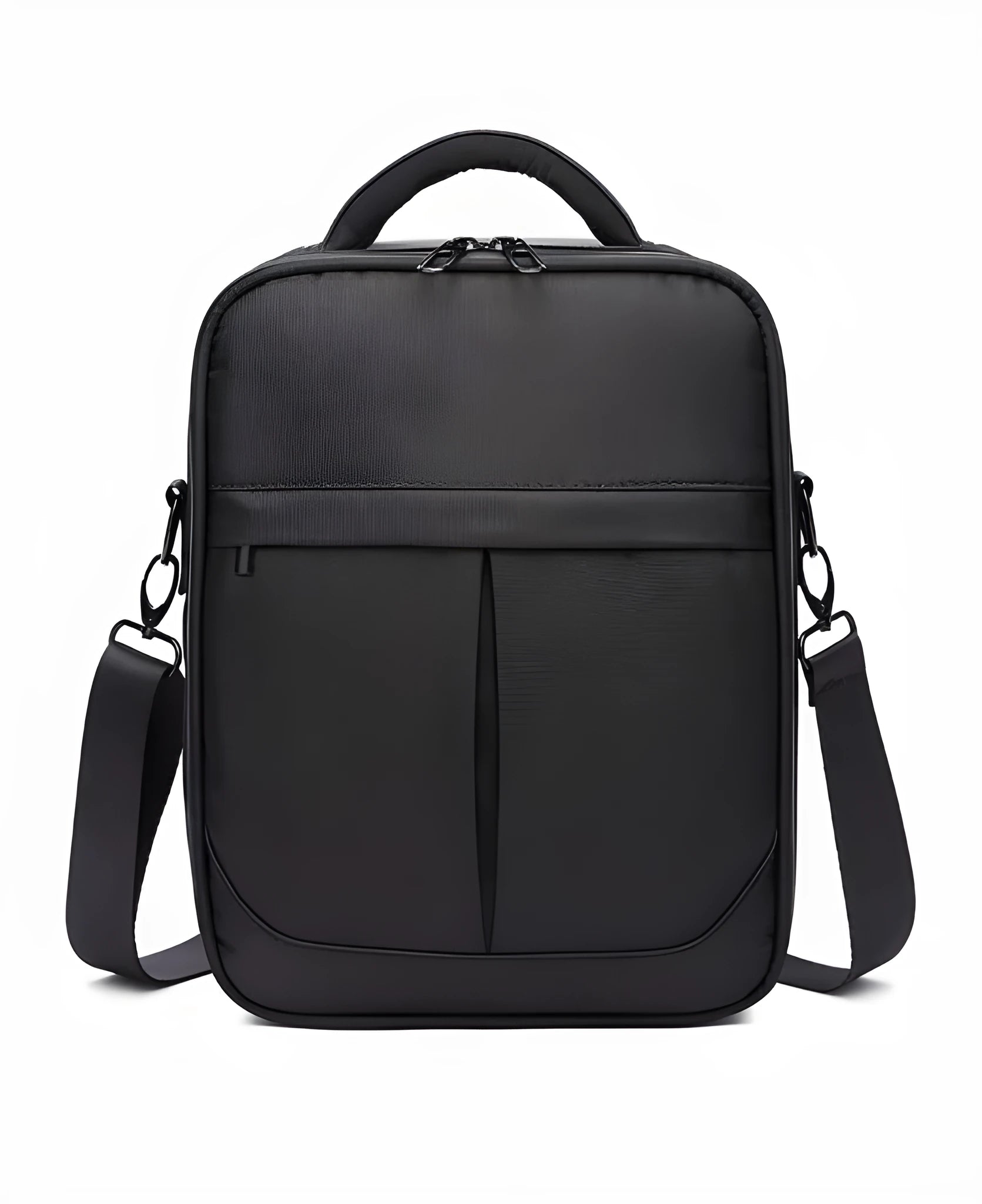 Black oxford fabric mens messenger bag with adjustable shoulder strap showing 24x11x31cm dimensions