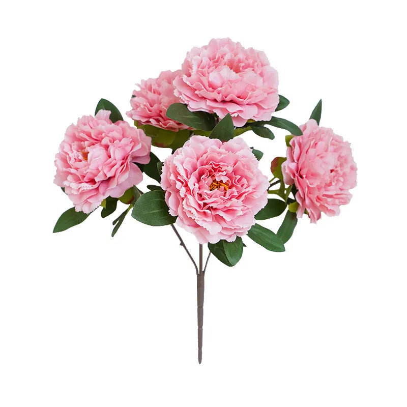40cm artificial silk peony 5-head bouquet in light champagne colour on white background