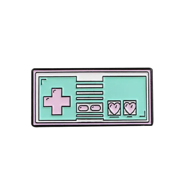 Stereo game console metal alloy badge with pin back, shown in available colours on a backpack strap