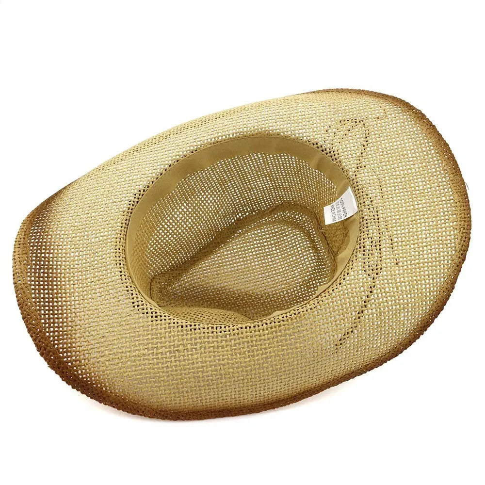 Western spray paint straw cowboy hat with bell crown in khaki, paper straw construction
