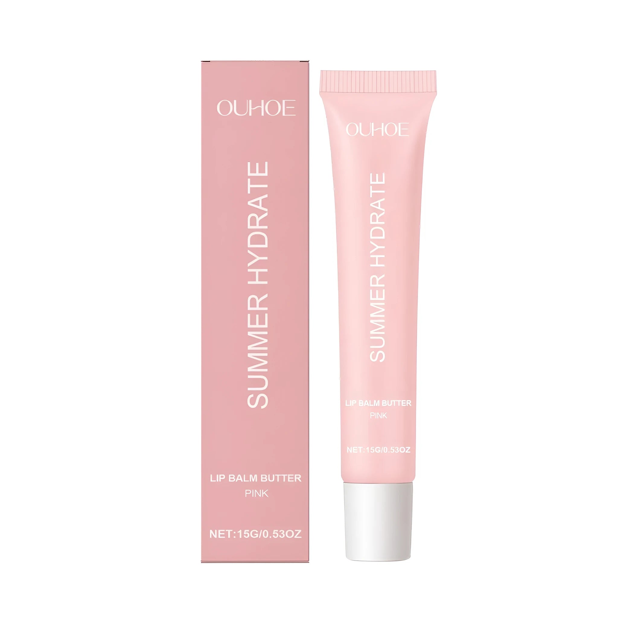 Pink lip balm butter stick in lipstick-style packaging